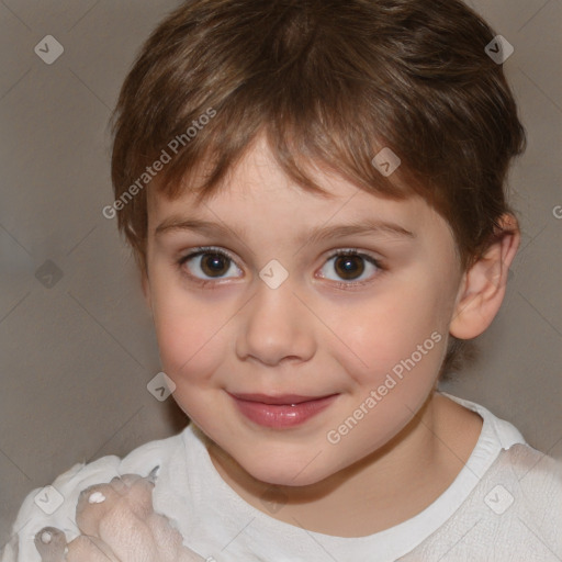 Joyful white child female with short  brown hair and brown eyes