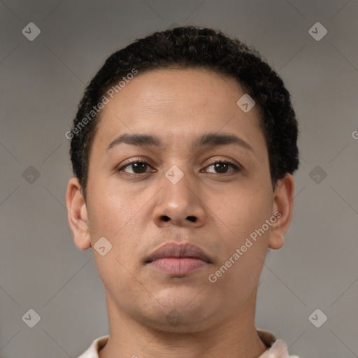 Neutral latino young-adult male with short  brown hair and brown eyes