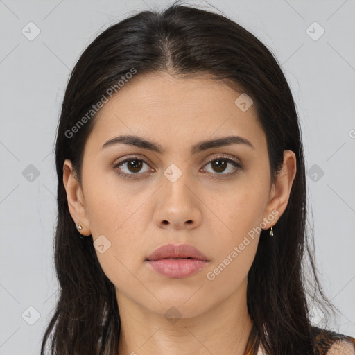 Neutral asian young-adult female with long  brown hair and brown eyes