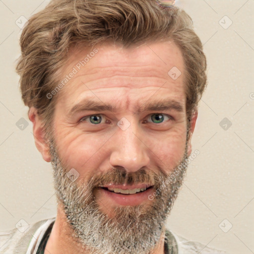 Joyful white adult male with short  brown hair and grey eyes