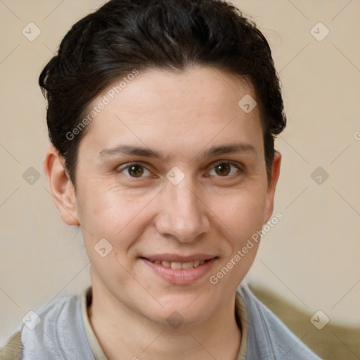 Joyful white young-adult female with short  brown hair and brown eyes