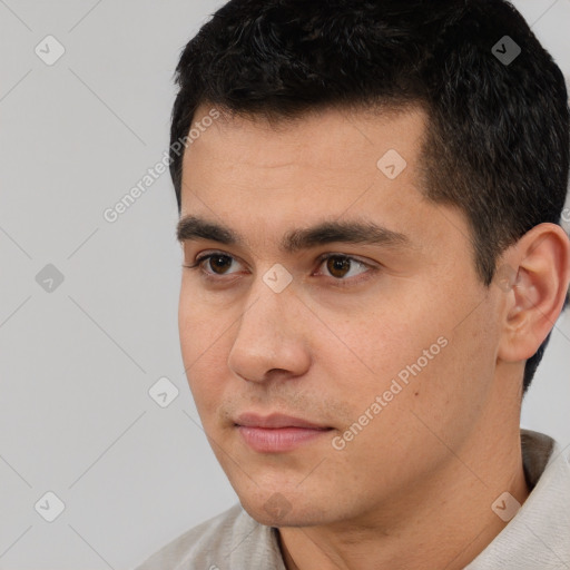 Neutral asian young-adult male with short  black hair and brown eyes