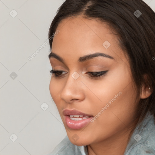 Neutral latino young-adult female with medium  brown hair and brown eyes