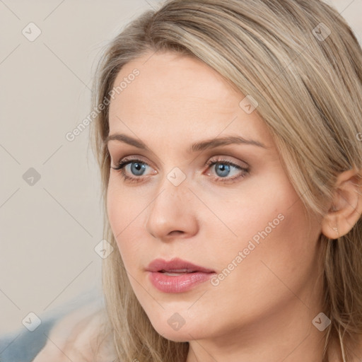 Neutral white young-adult female with long  brown hair and blue eyes