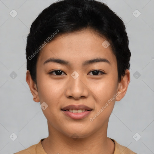 Joyful asian young-adult female with short  black hair and brown eyes