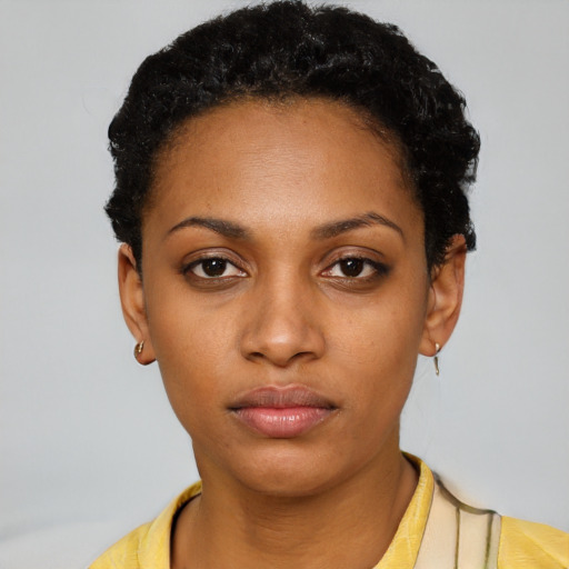 Neutral latino young-adult female with short  black hair and brown eyes