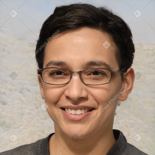 Joyful white adult female with short  brown hair and brown eyes