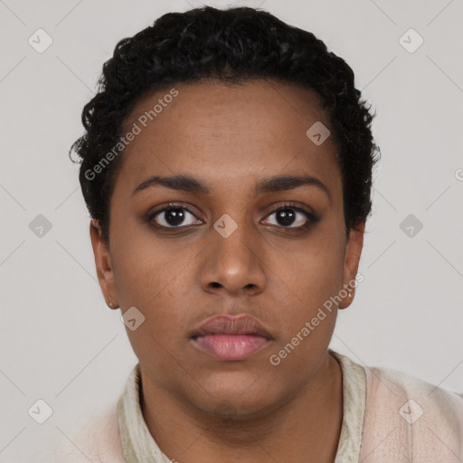 Neutral black young-adult female with short  brown hair and brown eyes