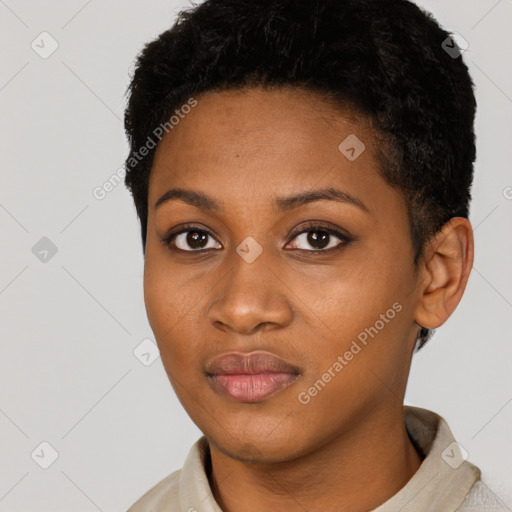 Neutral black young-adult female with short  black hair and brown eyes