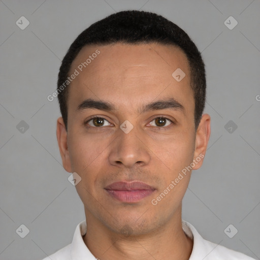 Neutral latino young-adult male with short  black hair and brown eyes