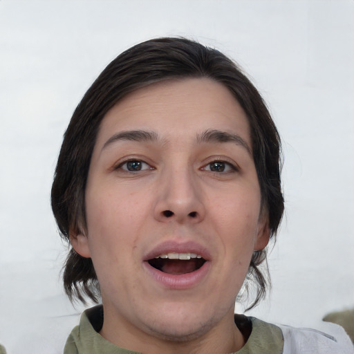 Joyful white young-adult female with medium  brown hair and brown eyes