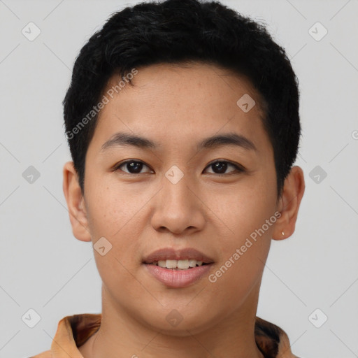 Joyful asian young-adult male with short  black hair and brown eyes