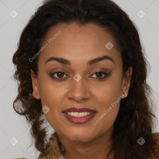 Joyful latino young-adult female with long  brown hair and brown eyes