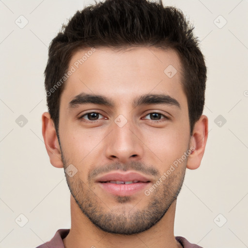 Neutral white young-adult male with short  brown hair and brown eyes