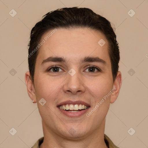 Joyful white young-adult male with short  brown hair and brown eyes