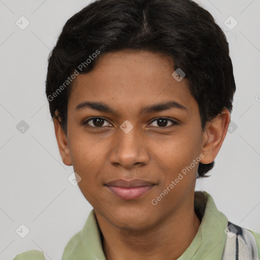 Joyful latino young-adult female with short  black hair and brown eyes