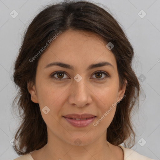 Joyful white young-adult female with medium  brown hair and brown eyes