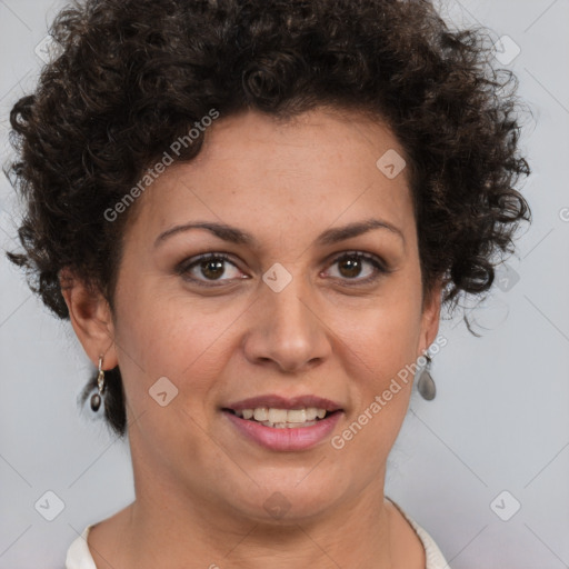 Joyful white adult female with short  brown hair and brown eyes