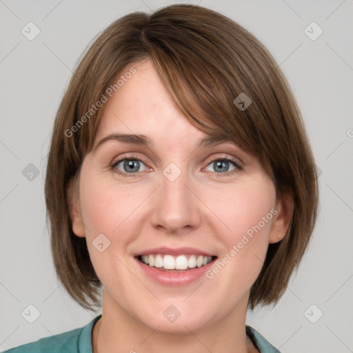 Joyful white young-adult female with medium  brown hair and blue eyes