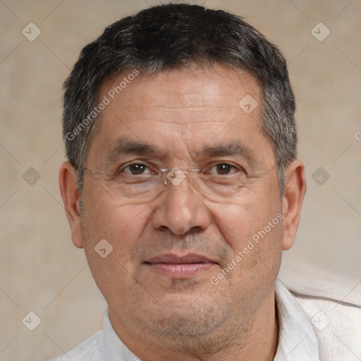 Joyful white middle-aged male with short  brown hair and brown eyes