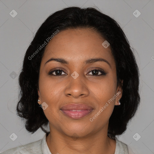 Joyful black young-adult female with medium  brown hair and brown eyes