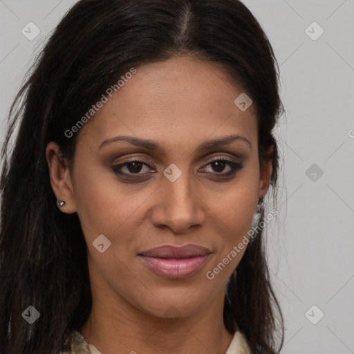 Joyful latino young-adult female with long  brown hair and brown eyes