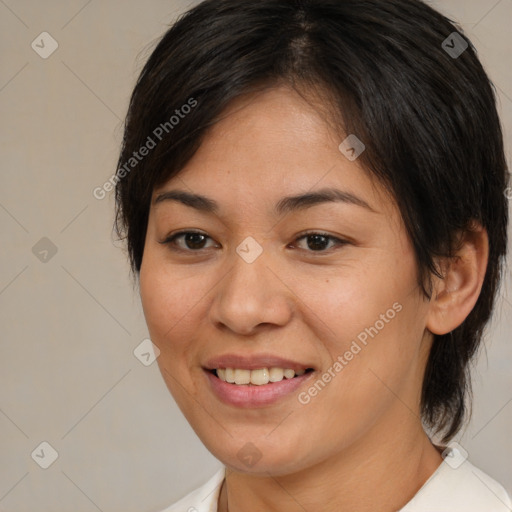 Joyful white young-adult female with medium  brown hair and brown eyes