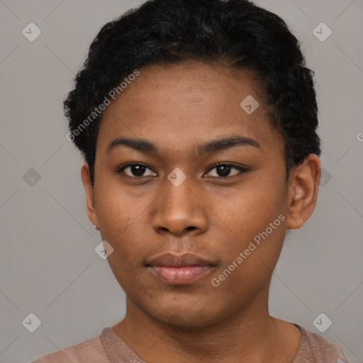 Neutral black young-adult female with short  black hair and brown eyes