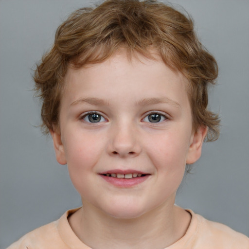 Joyful white child female with short  brown hair and grey eyes