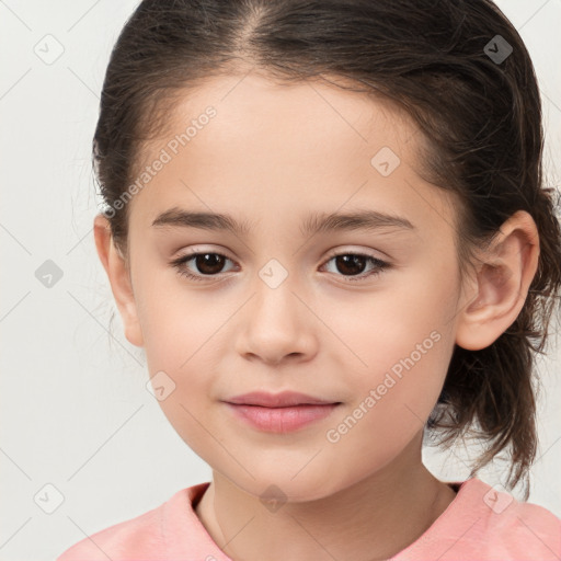 Joyful white child female with medium  brown hair and brown eyes