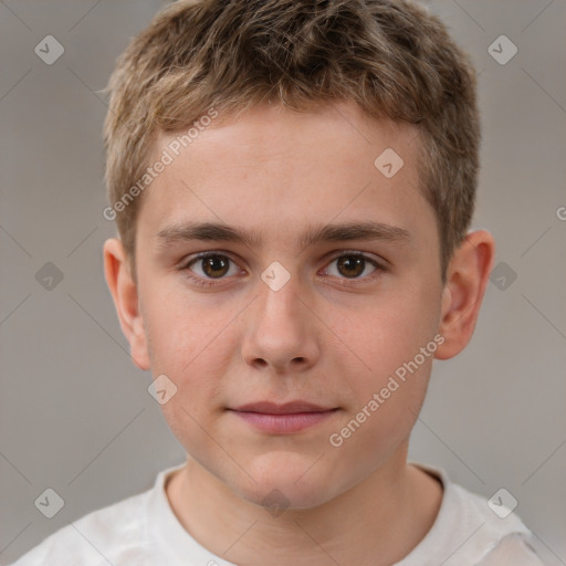 Joyful white child male with short  brown hair and brown eyes