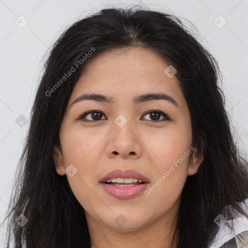 Joyful asian young-adult female with long  brown hair and brown eyes