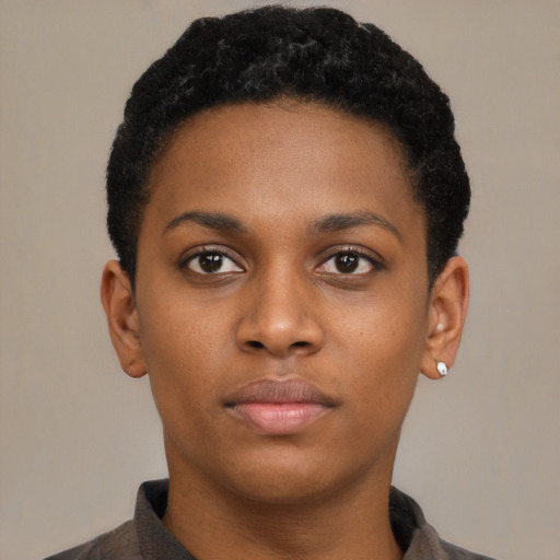 Neutral black young-adult female with short  black hair and brown eyes