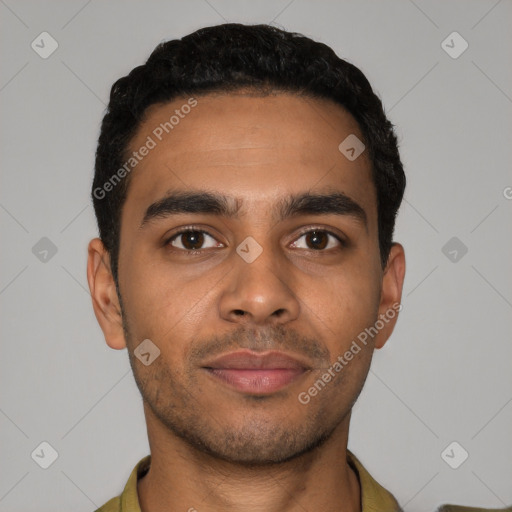 Neutral latino young-adult male with short  black hair and brown eyes