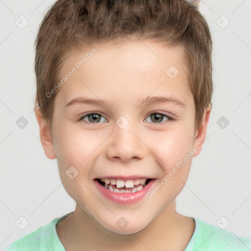 Joyful white child male with short  brown hair and brown eyes