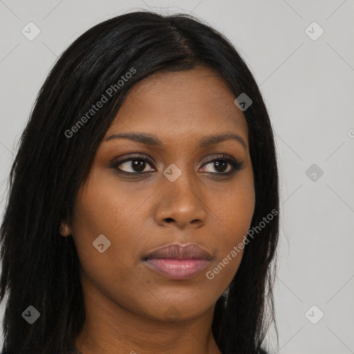 Joyful asian young-adult female with long  brown hair and brown eyes
