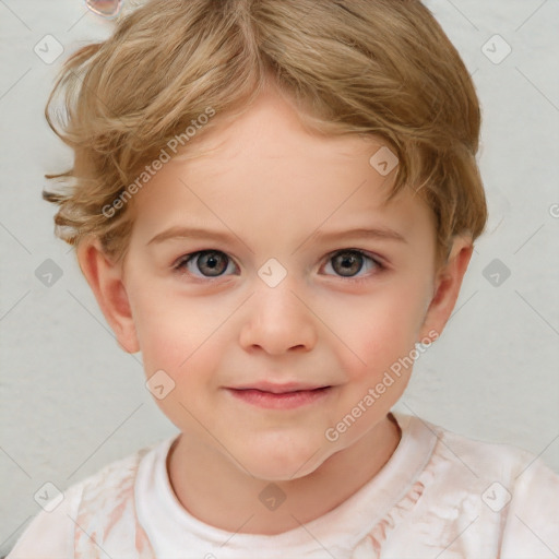 Joyful white child female with short  brown hair and grey eyes