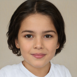 Joyful white child female with medium  brown hair and brown eyes