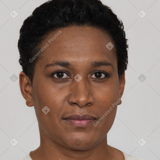 Neutral black young-adult female with short  brown hair and brown eyes