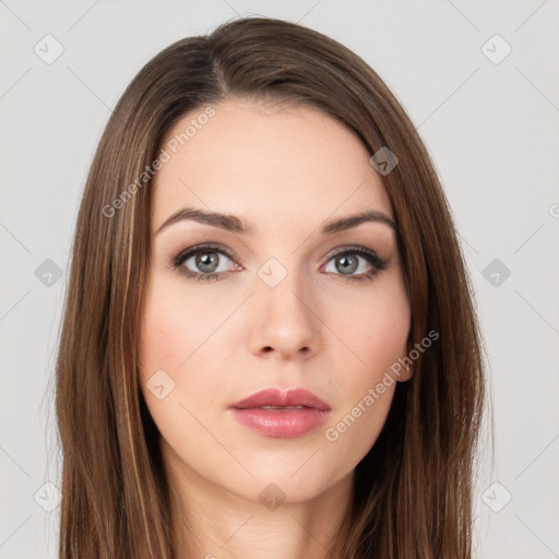 Neutral white young-adult female with long  brown hair and brown eyes