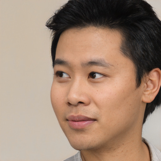 Neutral asian young-adult male with short  black hair and brown eyes