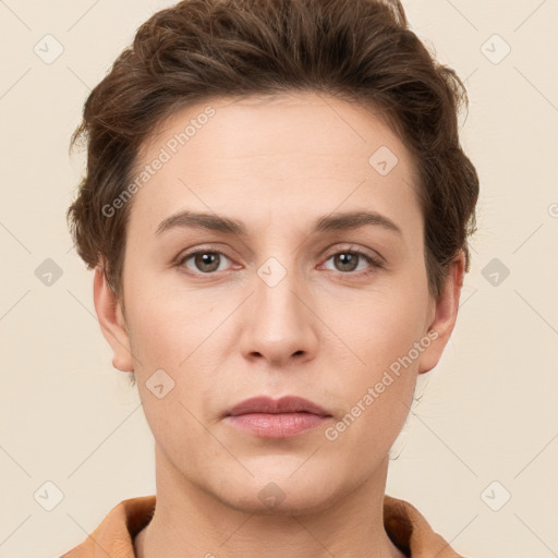 Neutral white young-adult female with short  brown hair and brown eyes