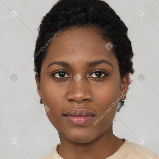 Neutral black young-adult female with short  black hair and brown eyes