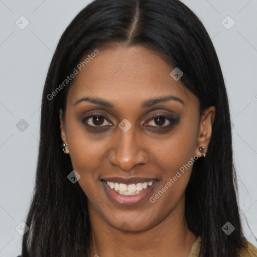 Joyful latino young-adult female with long  brown hair and brown eyes