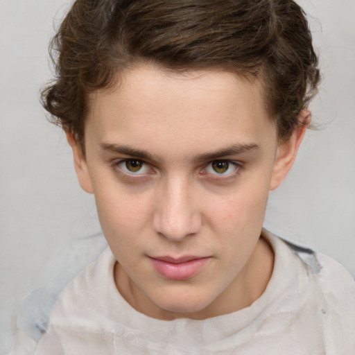 Neutral white young-adult female with short  brown hair and brown eyes