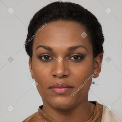 Neutral black young-adult female with short  black hair and brown eyes