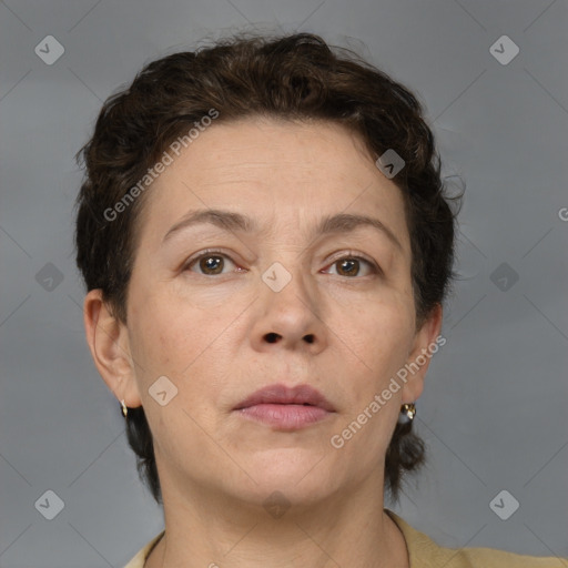 Neutral white adult female with short  brown hair and brown eyes