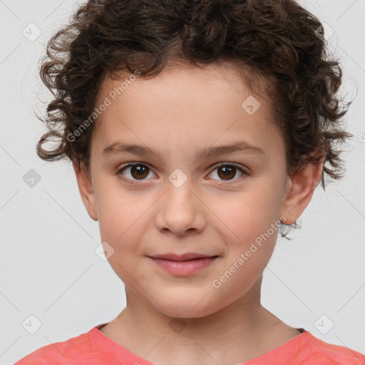 Joyful white child female with short  brown hair and brown eyes