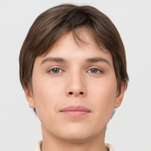 Neutral white young-adult female with short  brown hair and brown eyes