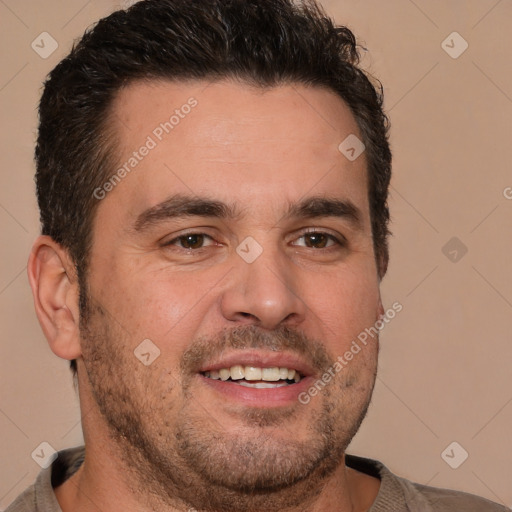 Joyful white adult male with short  brown hair and brown eyes